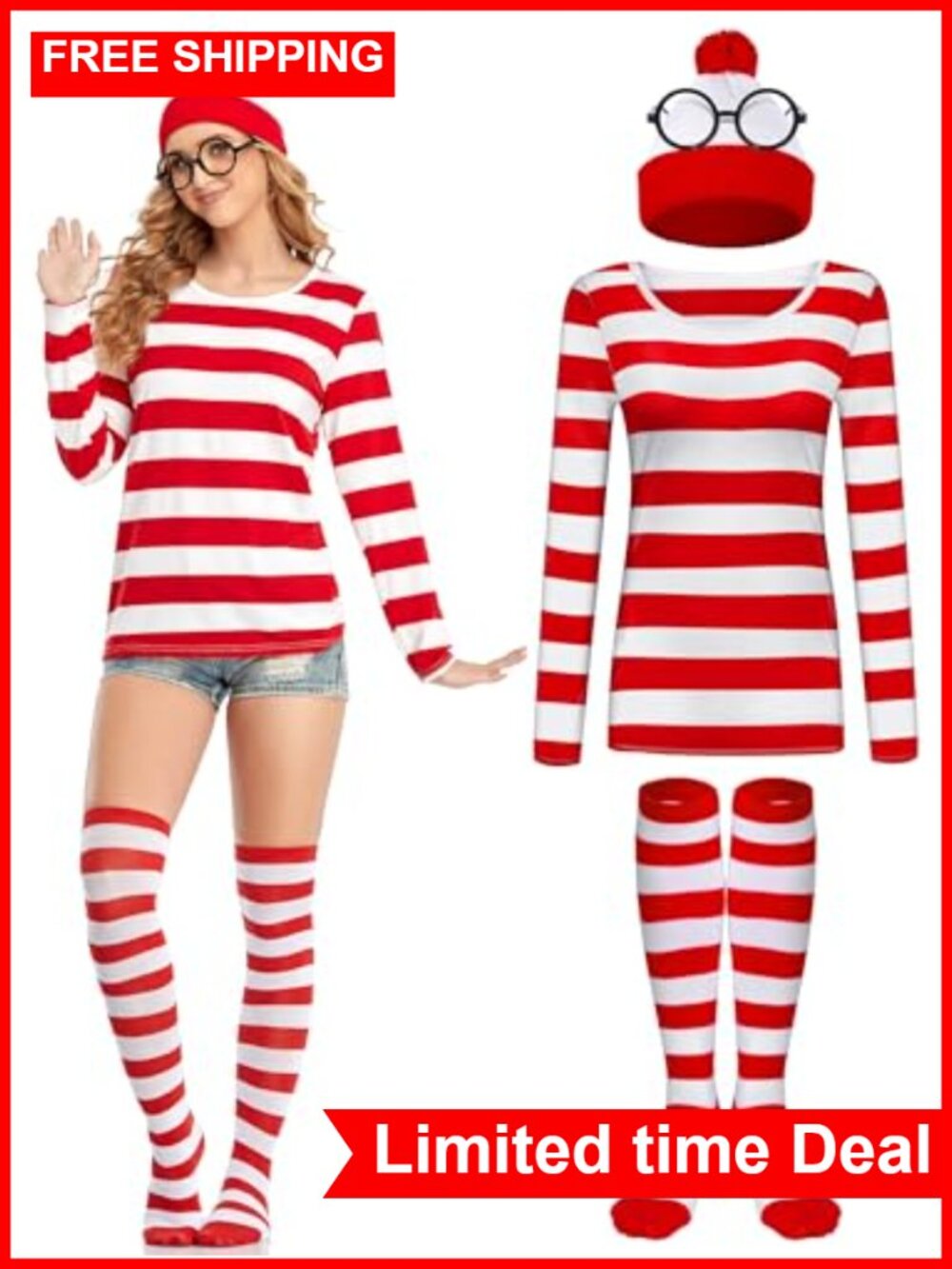 Halloween Costume Set Striped T-shirt Beanie Socks Nerd Glasses